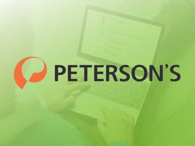 A person working on the computer with the logo for Peterson's overlayed on top.