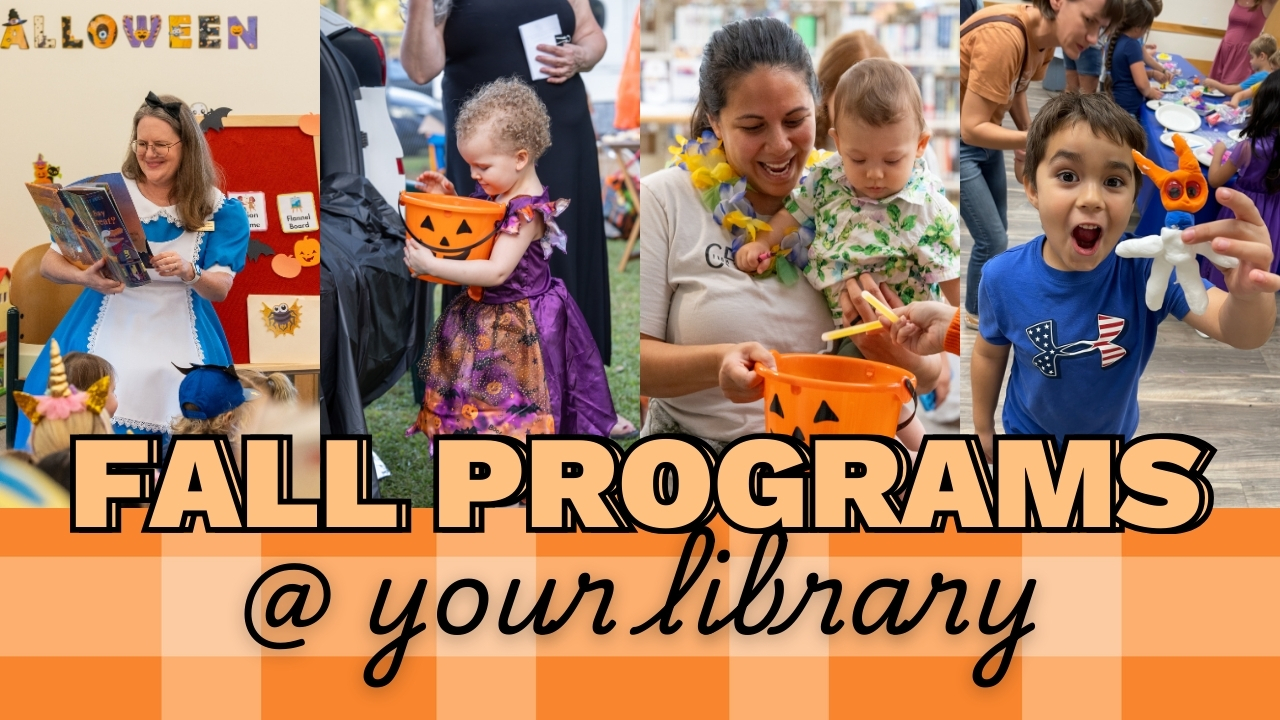 Fall themed program photos of parents and kids the text reads Fall programs at your library.