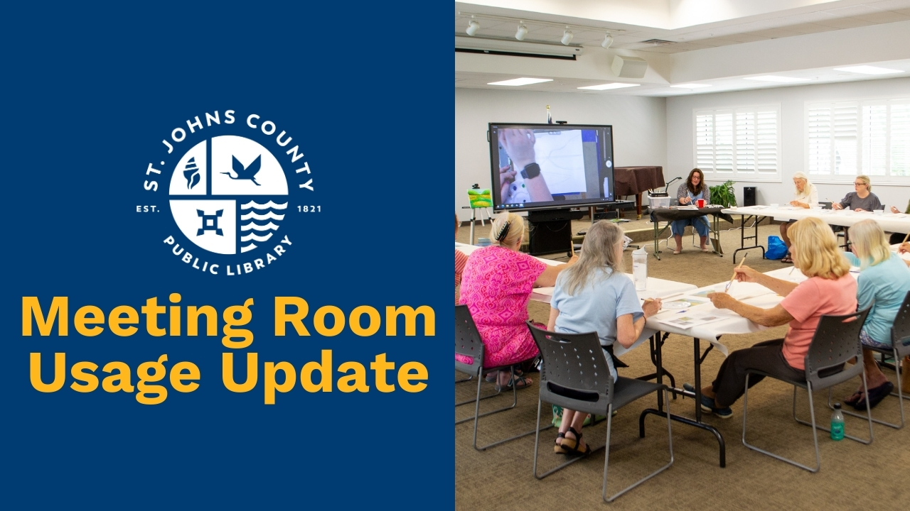 People gathered in a metting room working on art, the text reads Meeting room usage update