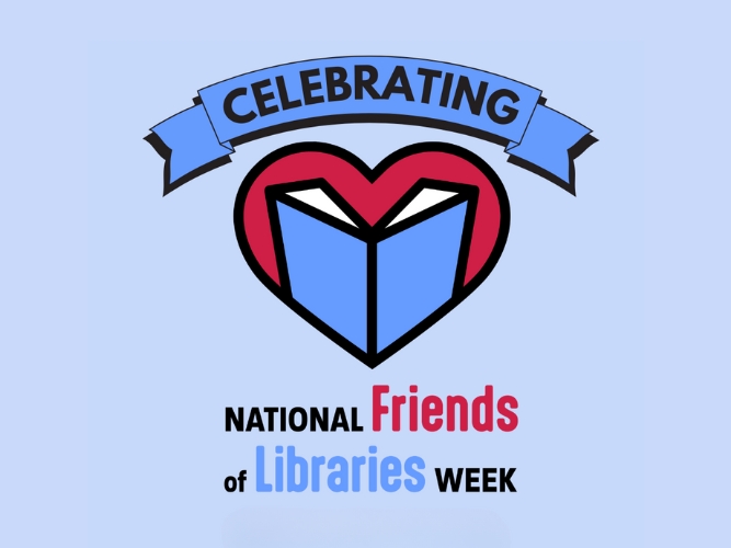 A book inside a heart with text that reads Celebrating National Friends of the Library Week
