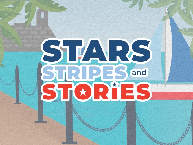 Illustrated scene with a dock, sailboat, and fort under lush trees. Text reads 
