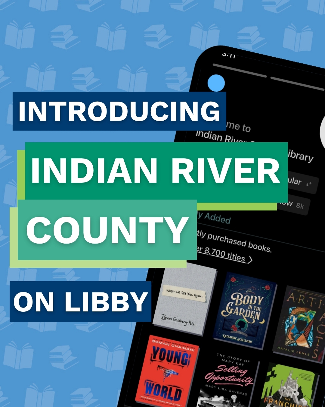 Promotional image announcing Indian River County on Libby, featuring text on a blue book-patterned background with book covers displayed.