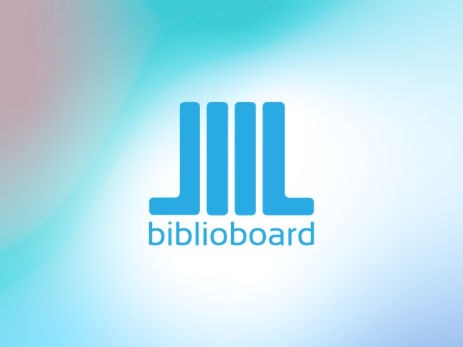 The Biblioboard logo in blue is centered over a blurred background of a person writing on paper.
