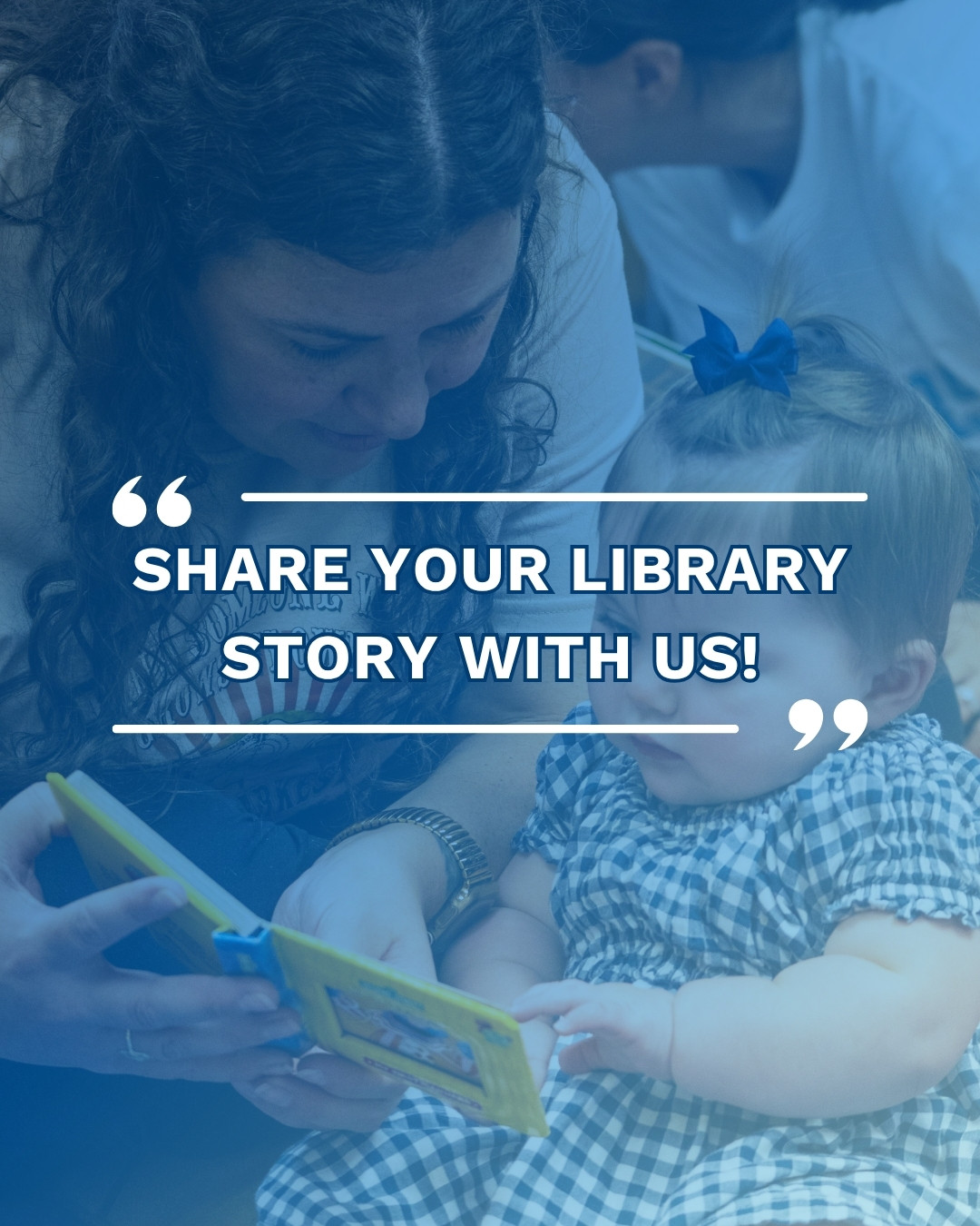 A woman reads a book to a baby in her lap. Overlaid text reads, 
