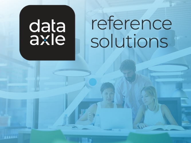 Data Axle Reference Solutions logo over a blue-tinted office scene, where three professionals collaborate around a laptop in a modern, calm setting.Data Axle Reference Solutions logo over a blue-tinted office scene, where three professionals collaborate around a laptop in a modern, calm setting.