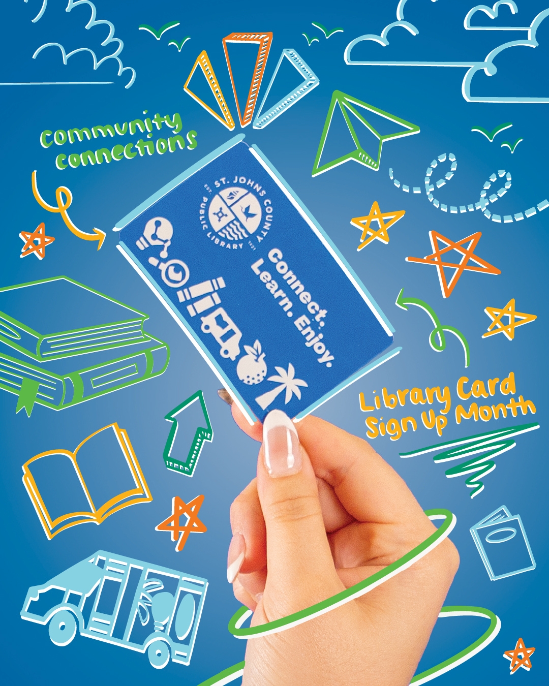 Hand holds a blue library card reading “Connect, Learn, Enjoy,” surrounded by books, school icons, stars, and “Library Card Sign Up Month.”
