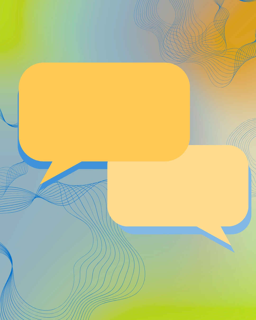 Abstract illustration with two blank yellow speech bubbles on a blue-green gradient, surrounded by flowing blue line art suggesting conversation.